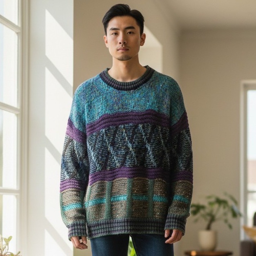 Vintage Tony Lambert Geometric Knit Sweater Cotton Multi-Color USA 90s Retro L